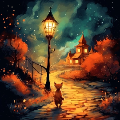 Create One clipart inspired by night dog walking alone: The clipart exudes a cozy ambiance, with a sense of warmth and tranquility. It invites viewers to imagine themselves wandering through this magical nature, discovering its secrets and encountering fantastical creatures.cozzy watercolor style. in 4K. so it can be used in fantasy books. beautifull coloring