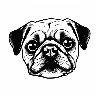 Simple outline of a front - facing crooked head happy Pug dog head peeking with front paws, cute clipart, flat 2d vector, minimalist, black and white, kids cartoon, svg cut file, line art drawing, white isolated background