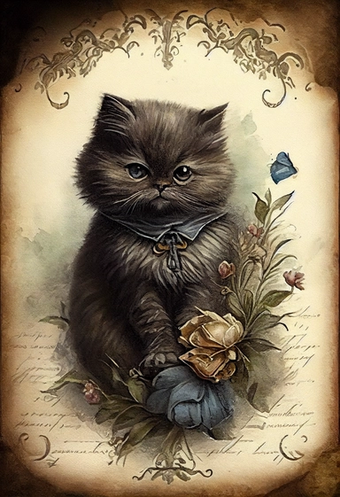 an adorable victorian cat by [Rebecca Latham + Sarah Stribbling + sumi-e + nicoletta ceccoli], Easter theme, epic scene, dark dark academia watercolor vintage CLIPART, illustration, hyper realistic, intricate detail clipart, watercolor, painterly, Jean-Baptiste Monge, drawing on top of old grunge beautiful scrapbooking background paper, old paper texture, decoupage printable digital background, distressed borders, vintage borders, grunge borders, shabby borders