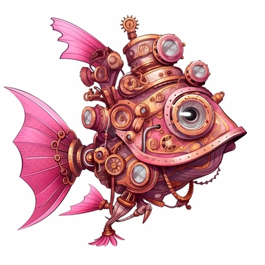 Beautiful Pink Steampunk Fish Sublimation Girl Clipart ,Cartoon,hyper realistic, intricate detail, illustration style,high solution,on the white background