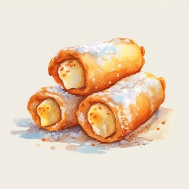 Cannoli: Crispy pastry tubes filled with sweet ricotta cheese, watercolor clipart illustration, flat blank transparent background, food photography, soft cinematic lights, juicy, bright, high quality, ultra detailed, 32k