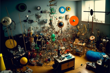 a room full of rube Goldberg devices made from a candlestick, kangaroo, guitar, jaguar, yo-yo, pogo stick, baseball, cobra, wheel, bicycle, stethoscope, microscope, firecracker, iguana, trampoline, ping-pong paddle, cactus, dragonfly, ferris wheel, python, octopus, snail, horseshoe, boomerang, flamingo, snowflake, ladybug, pencil, credit card, camera, glass, stapler, remote control, key, book, envelope, toothbrush, ladder, compass, calculator, scissors, alarm clock, paper clip, ruler, pencil cas