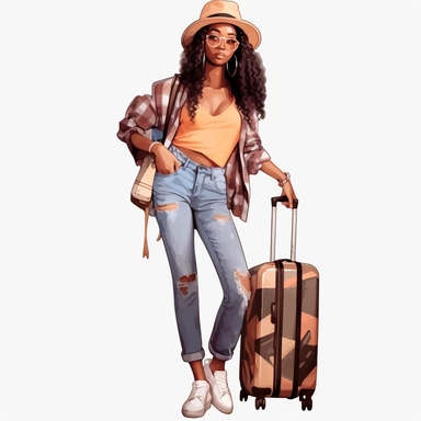 full body clip art+3 friend black Nubian woman+ long wavy hair+ kawaii+ standing next to suit case+ multiple traveling bags+ legs crossed at ankles+ high heels+skinny jeans and nice shirt+big hat+vacation vibes+detailed+ niji 5+ uhd+ png clipart+ airport