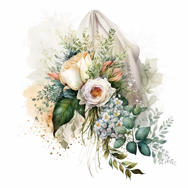 clipart aquarelle, detailed ans realistic, white background. beautiful flower tribute in white color, white theme, Bouquet for funeral, loss, sorry, with additions like sash ribbon