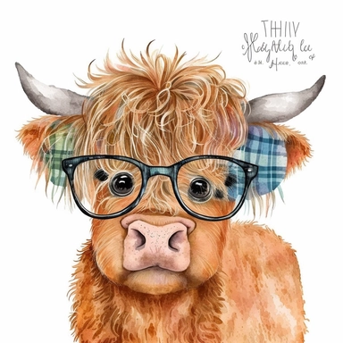 highland cow and glasses watercolor Clipart, Cute Baby Shower Graphics, Nursery Decor Wall Art, Scotland Farm Animal , big eyes on a white background with