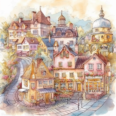 adorable, charming, fabulous fantasy town, with sweets, cookies and peony flowers, street with fairy tale houses, ultra detailed, in light pink and yellow colors, mary whyte watercolor art style, clear line, romantism, scrapbooking, clipart