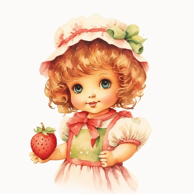 hand drawn strawberry shortcake doll, vintage 1980’s, watercolor, white background with margins, clipart style