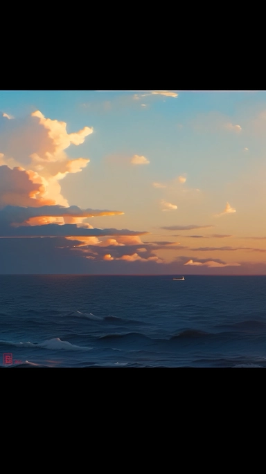Sea and sunset scene, camera focus, photographic shot, film clip, sparkling image. The picture has a dynamic rhythm, beautiful light and shadow, high saturation, oil painting texture, atmosphere, villagecore, cabincore, realistic fantasy art, soft and dreamy depiction, 8k, ultra high definition, symmetrical composition, details, harmonious image