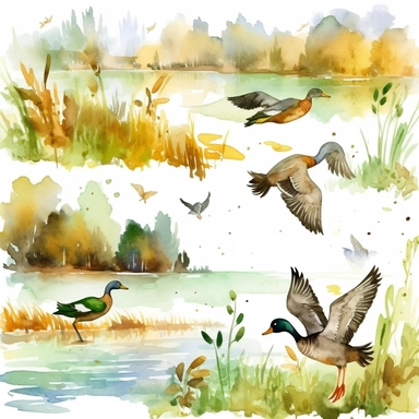 watercolor hunting scene in forest or fields with lake in vicinity where duck flocks take off in numbers , illustrations clipart set, simple, , cartoon elements ,different variants , natural elements, separate elements with a margin, ,4k, high resolution, , natural colors, vibrant green tones, birds and ducks
