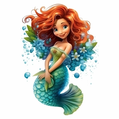 A beautiful smiling mermaid, highly detailed, long hair, beautiful flowers and coral, highly detailed tail, full body image, pixar style, clipart