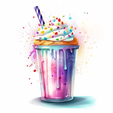 clipart soft watercolor pastel neon colors without splashed background - milkshake cup with straw and cream on top with colorful sprinkles on it - hard contrast - high details - enough space between each item