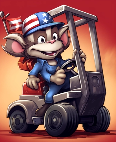 Showcasing a cartoon monkey as a forklift operator, with the design featuring a patriotic twist and incorporating elements inspired by the American flag. The overall design can appear polished and poignant, with the monkey proudly operating the forklift, that can be used as a sticker, colorful, highly detailed, with a white background, in the style of Pixar clipart, and no cut off edges.