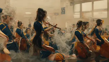 cheerleaders dance in a high school's gym full of smoke while an Albanian guy plays the cello. Inspired by Nirvana's video clip. like in a Pierre klossowski painting. 4k