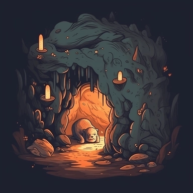 a charming little cave inhabited by a friendly beast Inside, so close, in night dark atmospher, fire set in middle, Clipart-style illustration