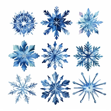 different blue snowflakes watercolour clipart, white background