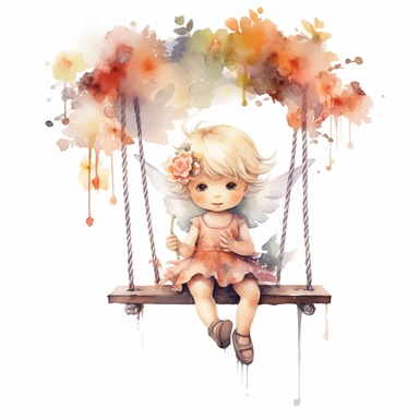 an ultra cute fairy baby sitting on a swing, flower bomb, summer, Watercolor white background clipart