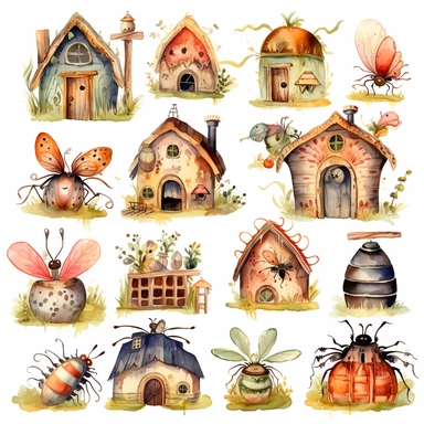 Watercolor boho backyard insect house , illustrations clipart set, simple, soft colors, cartoon elements, different variants, insects, ladybug, ants, grasshopper separate elements with a margin