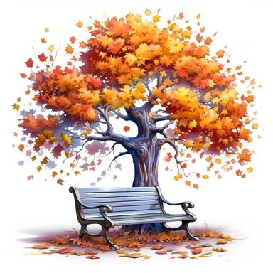 Autumn tree by the bench, in the style of digital airbrushing, pattern - based painting, storybook illustrations, hd, ps1 graphics, soft shading, accurate and detailed, style by Lucy Fleming, watercolor, smooth gradients, black contour outline, ultra detailed, clipart elements, delicate pastel colors, solid white background, super clear, high quality