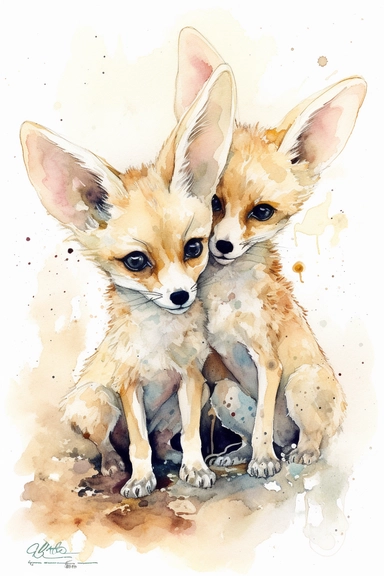 two adorable fennec fox pups playing, biting each other, watercolor clipart drawn on the style of Bob Layzell, white background,