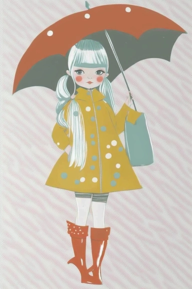 <https://s.mj.run/49ZvoIFW24o> <https://s.mj.run/VafKh_OyowI> Mary Blair style, minimalistic nordic style single clipart, baby 70s hippie fashion model with umbrella, minimalistic pastel color palette,