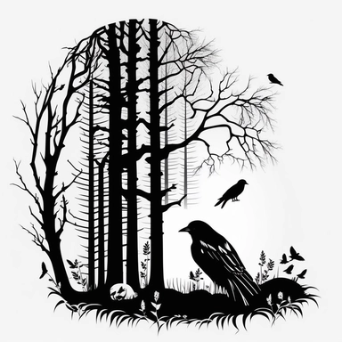 There are bones under the birch tree, and a bird is paving a nest in the crown, it seems to be forever - amazing - it seems: I myself am lying here-people are being saved from anger in the village churchyard, he, like a cherished grove, surprises the soul with calmness. Black and white clipart. Bones under the tree.