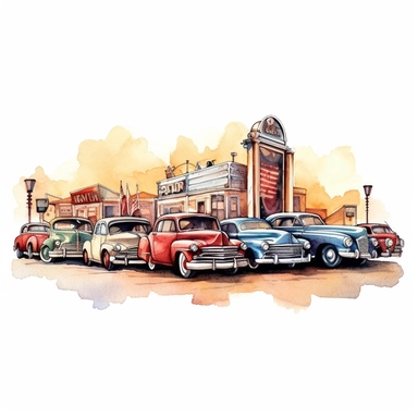 A nostalgic drive-in theater movie screen, showcasing a classic movie and surrounded by vintage cars, clipart, watercolor, white background, american style