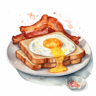 watercolor, hyper realistic, white background, white margins, 16k, ultra detailed clipart, cut out image, hand-drawn illustration style for picture books A plate of fluffy scrambled eggs with a side of crispy bacon and a slice of toast, warm orange-brown color theme
