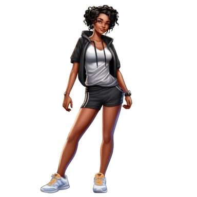 beautiful black teenage girl with beautiful flowing short hair, dressed in fitness attire. Full perspective and, long shot A young black woman with full lips and a big beautiful smile, dressed in a jogger, has short flowing hair and beautiful shapely legs, wearing sneakers, clipart in the style of digital airbrushing, feminine sticker art, dollcore, realistic face, realistic body, glamorous,