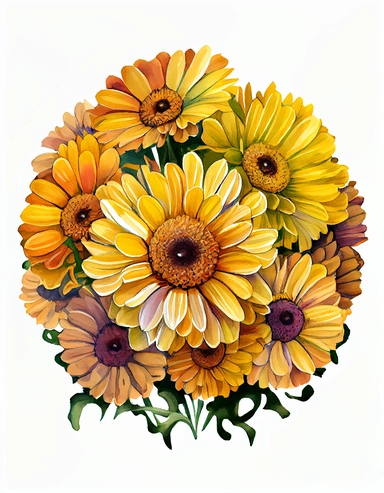 detailed vibrant watercolor round bouquet of 8 pieces yellow daisy flower , isolated on white background, realistic, clipart, no shadow
