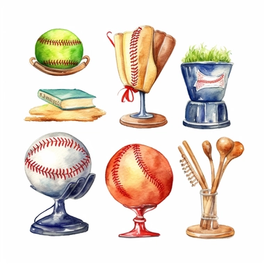 Watercolor cute little baseball trophy related items , illustrations clipart set, simple, christmas colors , cartoon elements ,different variants , championship cupseparate elements with a margin, 4k, high resolution