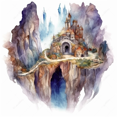 Clipart, watercolor, white background: A fantasy mountain with mystical caves and hidden caverns, harboring ancient secrets and treasures waiting to be discovered.