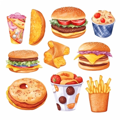fastfood, clipart set, pizza, donut, hot dog, hamburger, cheeseburger, ice cream, popcorn, isolated on white background