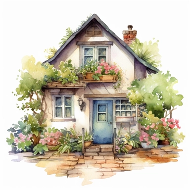 one garden house clipart digital arts on a white background, in the style of atmospheric watercolours, uhd image, vintage cut-and-paste, iconic, realistic, detailed rendering, en plein air technique, charming characters , no watermark, text, 300 DPI , typography, shapes do not stick together, no text in the picture, on a white background