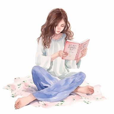 girl reading, pastel colors, light watercolor, few details, dreamy, Studio Ghibli, clipart, white background