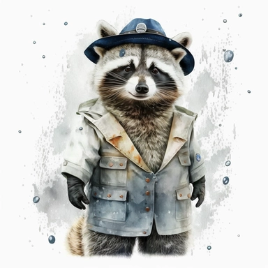 Stylish funny Raccoon in a white sea uniform, white uniform, white full body, colorful waterpaint Clipart, watercolor, high-quality illustration, professional raster graphic, white background, Studio Lighting, ultra-detailed, 8k