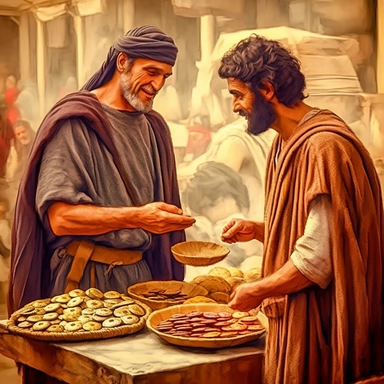 A person in first century BC buying bread frm seller in Bazar and handing him metal coins , clipart, background of Bazaar