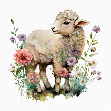 Easter, spring Lamb with Flowers Clipart, Watercolour, PNG, white background, Scrap Book, watercolor, liquid oil and ink concept art, hyper realistic, sticker style, fantasy, realism, in studio ghibli vibe, in studio ghibli style