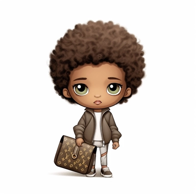 igh fashion, designer, louis vuitton logo, louis vuitton light skinned afro american, with blue eyes, with green eyes, with grey eyes, with brown eyes, and curly hair, baby clipart white background