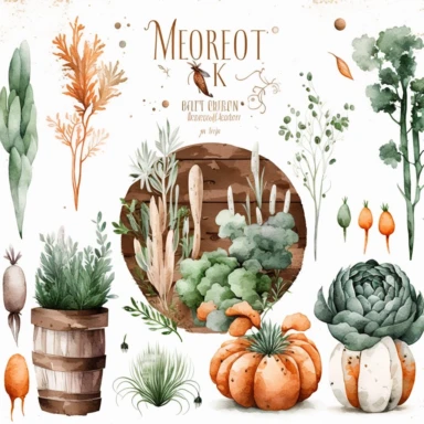 rustic decor garden watercolor clipart on white background, brown green terracotta orange wood white grey, carrot