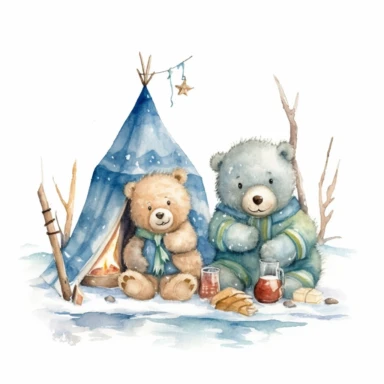 Cute winter Watercolor Clipart , cute 2 Bears enjoy winter fishing at igloo,eskimo style costume, snow winter ,white background, cozy, Hand drawn illustration, naive drawing style, Delicate pencil drawing texture, white background for removing background