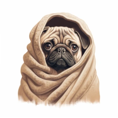 happy pug hiding in a blanket, digital painting and drawing, clipart, full body, hyper - realistic animal illustration, childlike, free brushwork, white background