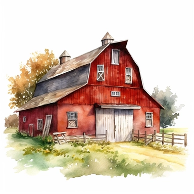Clipart, a watercolor painting of a red barn by Dorothy Hood, shutterstock contest winner, american scene painting, detailed painting, watercolor, white background, behance hd