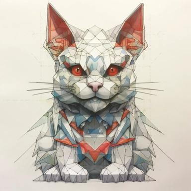 Maneki-neko, Domestic Shorthair, joyful, origami In the style of Brian Froud & Alan Lee, clipart, complex design, dreamy color, white contour, white background only