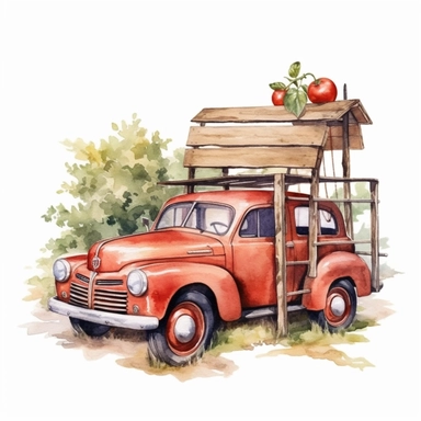 tomatoes on a wooden hanger, watercolor clipart & clip art, in the style of light red and dark gray, narrative paneling, classic american cars, uhd image, hand lettering, depiction of rural life, wood