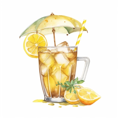 watercolour drawing of a yellow drink with ice cubes and a little yellow umbrella in it, clipart