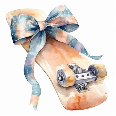 Illustrate a whimsical watercolor clipart of a skateboard with a giant bow, rendered in delicate watercolor shades and textures, adding an extra dose of charm to the birthday theme, on a white background