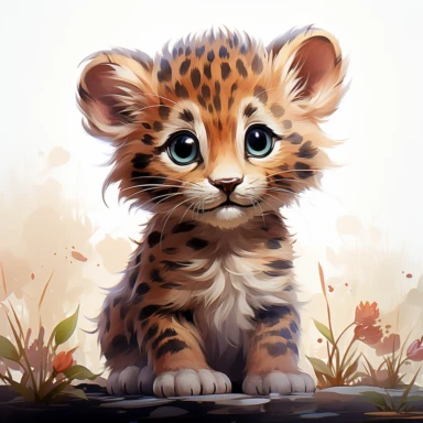 cute baby leopard clipart, pastel watercolor illustration, children's book style illustration, full body view, delicate feminine art style, adorable and curious baby leopard, smilecore, phantasy colors, illustration in pastel children's book style, art style of Greg Rutkowski ar-- 1:1