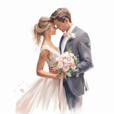 Wedding bride and groom, clipart, white background, in the style of elegant realism, muted and subtle tones, detailed painting, transparency and lightness