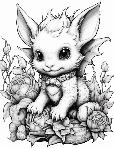 clipart of a cute baby dragon coloring page, flowers and butterflies, in the style of gothic realism, chinapunk, oshare kei, elaborate borders, furry art, tinycore