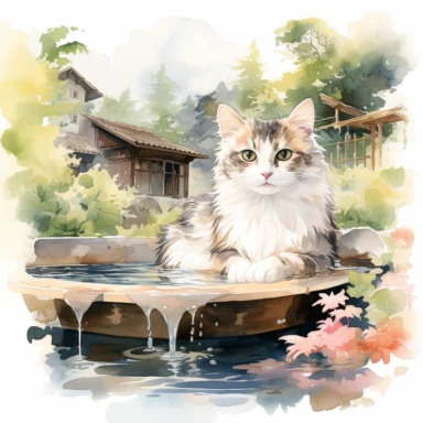 Domestic Shorthair cat happily soaking in the famous open-air hot spring in Niigata, Japan, Clipart Watercolor By Yuzo Komori. clean line, white background, spaced out